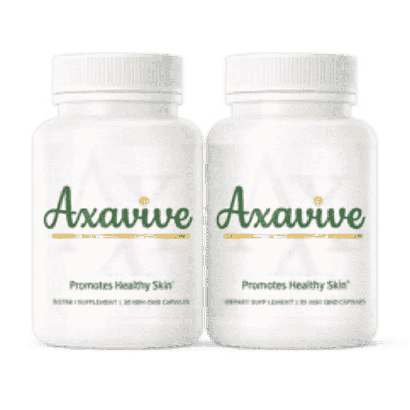 Axavive healthy skin supplement 2-bottle pack – 60 non-GMO capsules promoting healthy skin dietary supplement on black background
