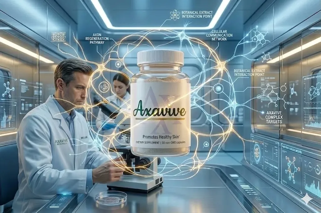 Axavive skin supplement scientific research image – researcher in lab with supplement bottle and cellular neural network diagrams showing botanical extract interaction points