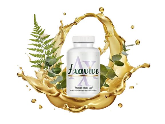 Axavive promotes healthy skin dietary supplement single bottle with fern eucalyptus leaves and golden oil splash – natural botanical formula