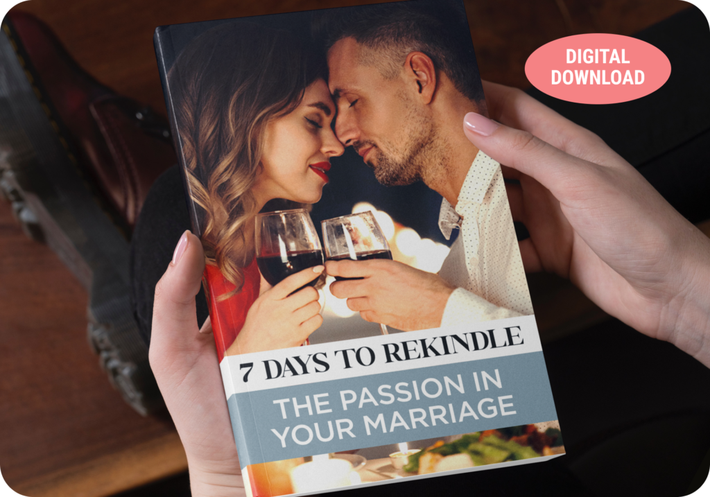Digital download bonus guide book mockup for 7 Days to Rekindle the Passion in Your Marriage held in woman's hands – lifestyle relationship guide included free with FemiCore supplement