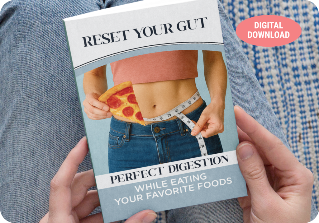 Digital download bonus guide book mockup for Reset Your Gut – Perfect Digestion While Eating Your Favorite Foods held in hands – woman with flat belly holding pizza slice and measuring tape – free bonus with FemiCore supplement