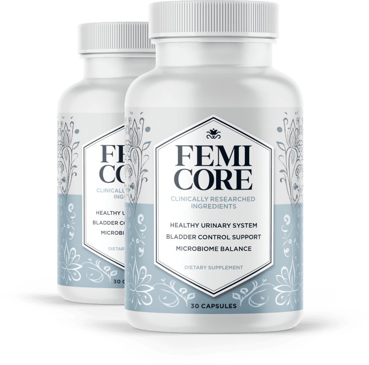 Two clean front-facing bottles of FemiCore women's dietary supplement capsules with blue floral label – healthy urinary system, bladder control support and microbiome balance – 30 capsules per bottle