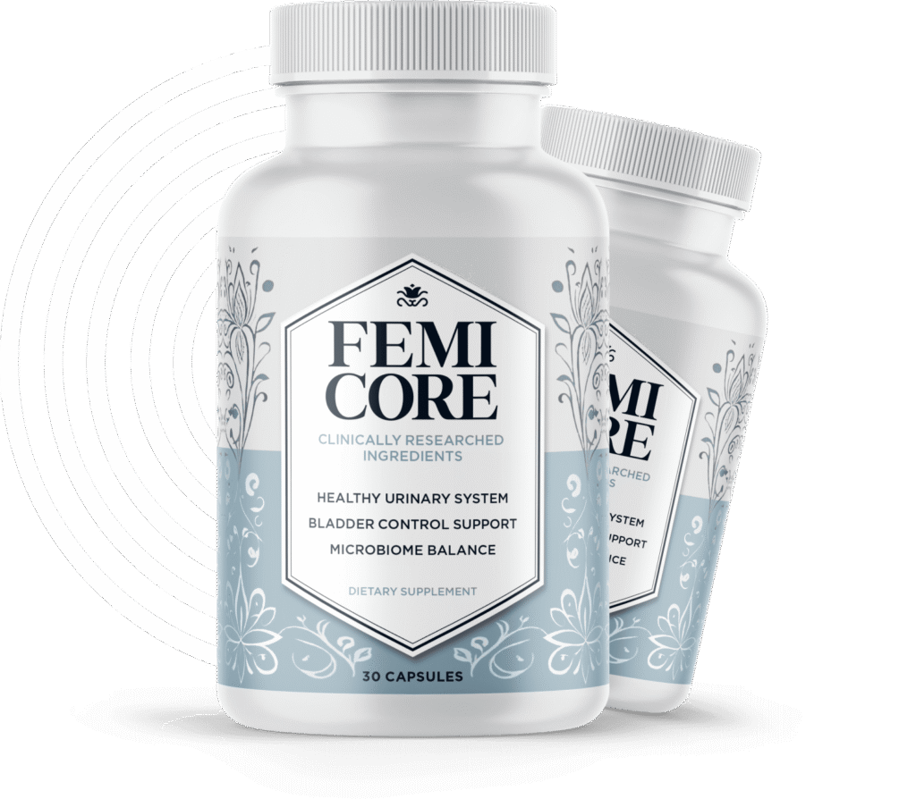 Two bottles of FemiCore dietary supplement capsules with soft blue and white floral label – clinically researched ingredients for healthy urinary system, bladder control support and microbiome balance – 30 capsules each