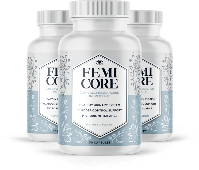 Three bottles of FemiCore women's dietary supplement capsules with soft blue botanical floral label – clinically researched ingredients for healthy urinary system, bladder control support and microbiome balance – 30 capsules per bottle