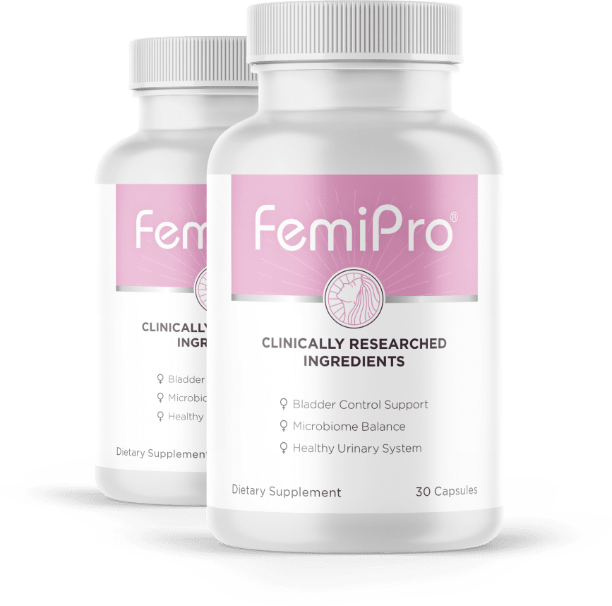 FemiPro 2 bottles on white background — clinically researched women's dietary supplement for bladder control support, microbiome balance and healthy urinary system — 30 capsules