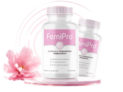 FemiPro 2-bottle pack with pink cherry blossom flowers — clinically researched ingredients for bladder control support, microbiome balance and healthy urinary system — 30 capsules dietary supplement