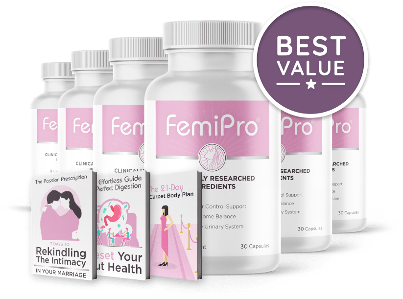 FemiPro 6-bottle Best Value pack with 3 free bonus digital guides — 180 capsules women's supplement for bladder control, microbiome balance and healthy urinary system