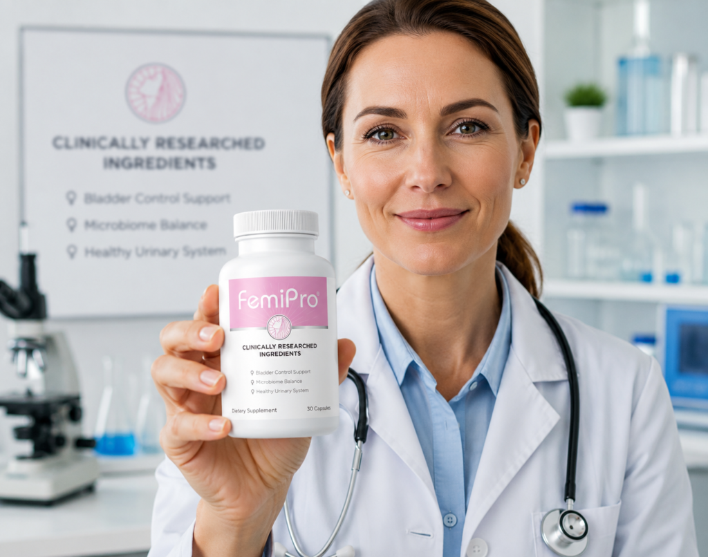 Female doctor in lab coat holding FemiPro supplement bottle in laboratory — clinically researched ingredients for bladder control support, microbiome balance and healthy urinary system
