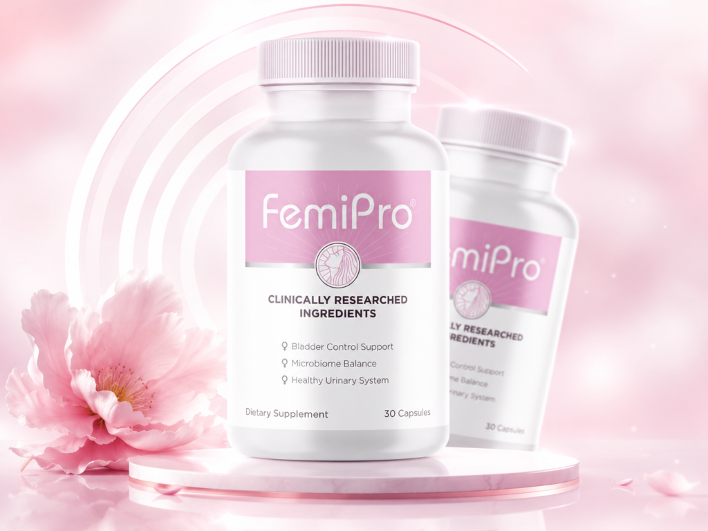 FemiPro bottles on pink background with cherry blossom flowers — women's dietary supplement for bladder control support, microbiome balance and healthy urinary system